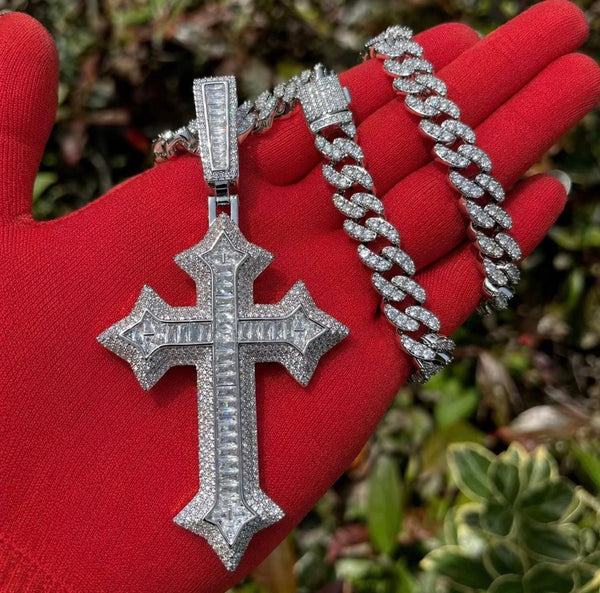 Iced Out Cross Pendant Necklace, 9mm Cuban Link Chain, Statement Jewelry