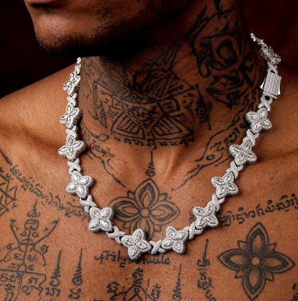 Iced Out Floral Clover Necklace, Black White CZ Infinity Leaf Chain, Hip Hop Jewelry