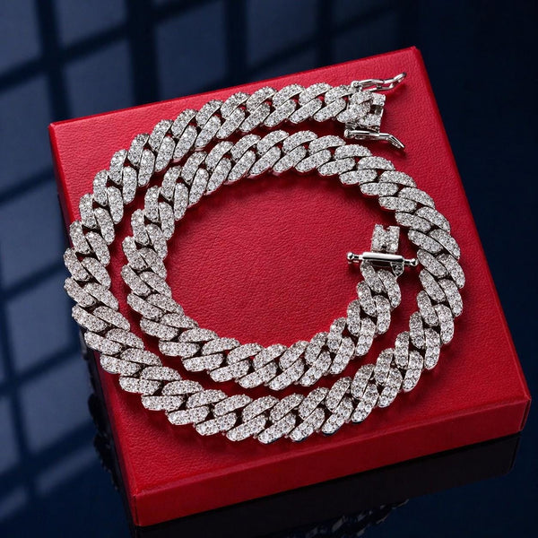 Iced Out Cross Pendant Necklace, 9mm Cuban Link Chain, Statement Jewelry