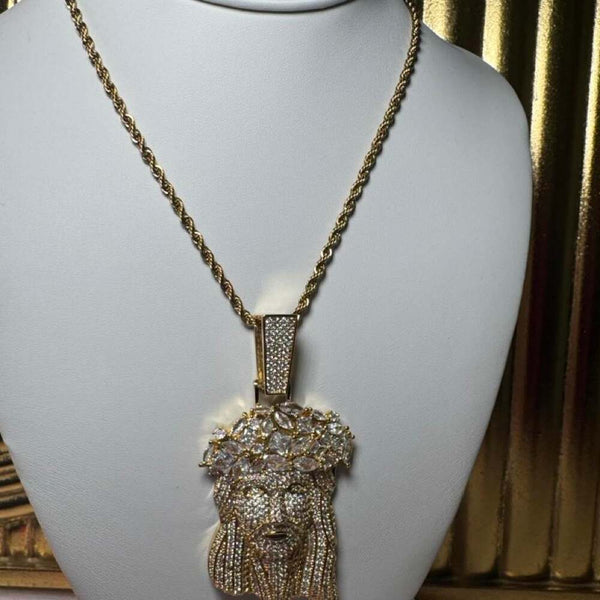 Iced Out Jesus Pendant with Thorn Crown | Silver or Gold | 18”, 20” &amp; 24” Rope Chain |