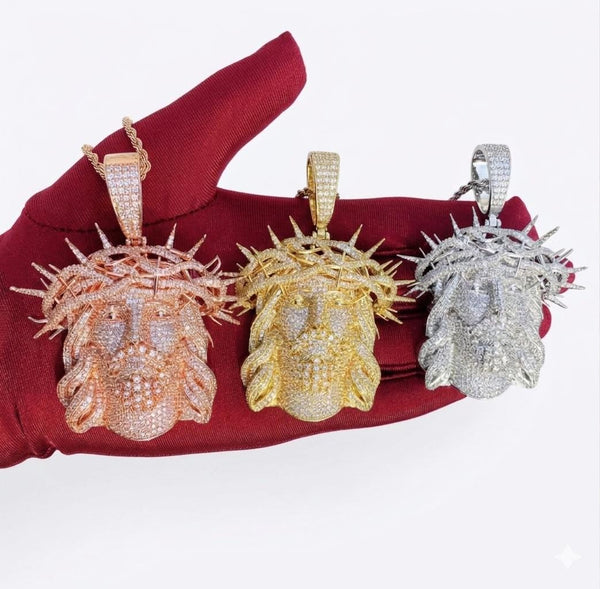 Iced Out Jesus Piece Pendant, Crown of Thorns Chain, Gold Silver Rose Gold