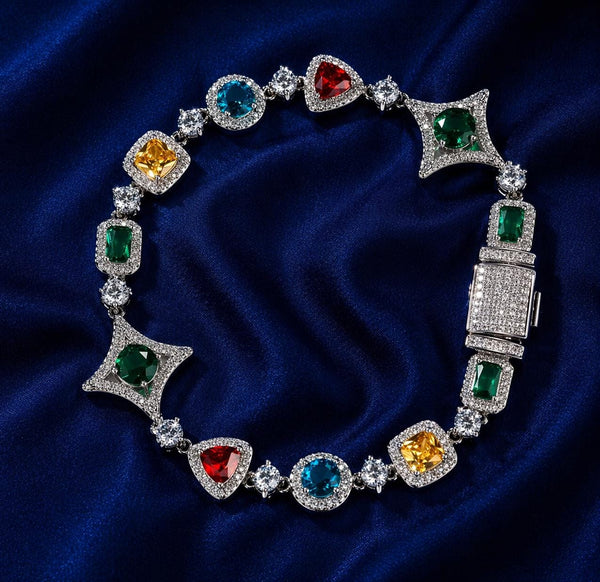 Men's Multicolor Gemstone Tennis Bracelet, Gold Luxury Hip Hop Jewelry
