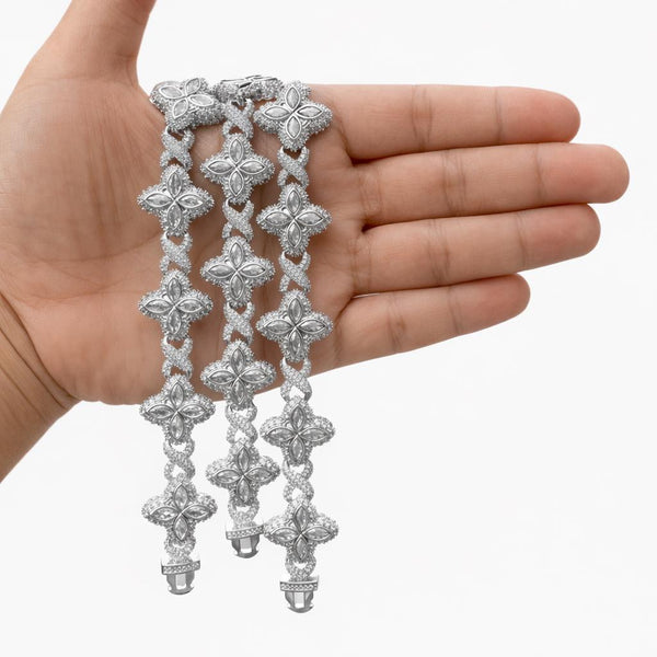 Iced Out Clover Bracelet, Silver Flower Link Chain, Baguette Stone Jewelry