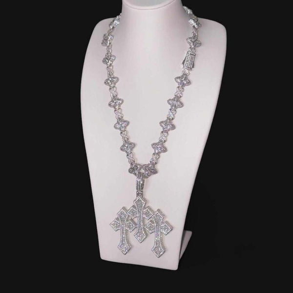 Iced Out Clover Link Triple Cross Pendant Necklace – 20”