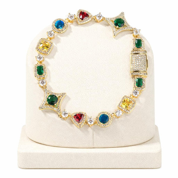 Men's Multicolor Gemstone Tennis Bracelet, Gold Luxury Hip Hop Jewelry