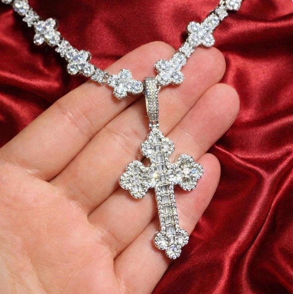 Iced Out Cross Pendant Necklace, 20 Inch Tennis Chain, CZ Diamond Statement Jewelry