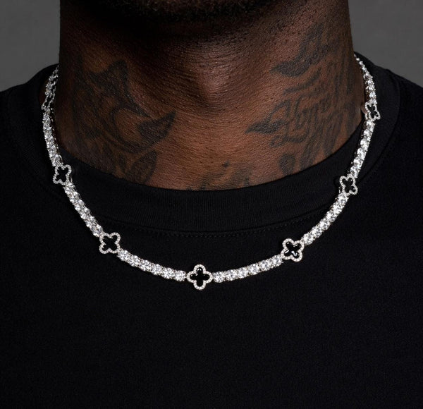 4mm Silver Tennis Clover Necklace, 20 Inch Iced Out Chain, Black Accents, Hip Hop Jewelry