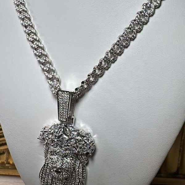 Iced Jesus Face Pendant Necklace – Silver 9mm Cuban Link | 20” Hip Hop Chain