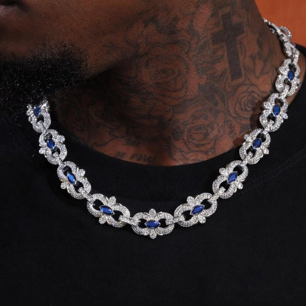 16mm Iced Infinity Cuban Link Chain, Blue Stone 20inch