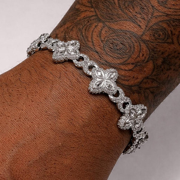 Iced Out Clover Bracelet, Silver Flower Link Chain, Baguette Stone Jewelry