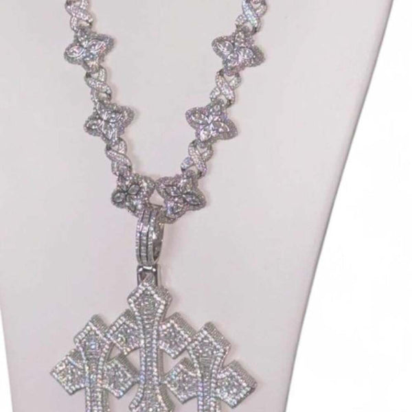 Iced Out Clover Link Triple Cross Pendant Necklace – 20”