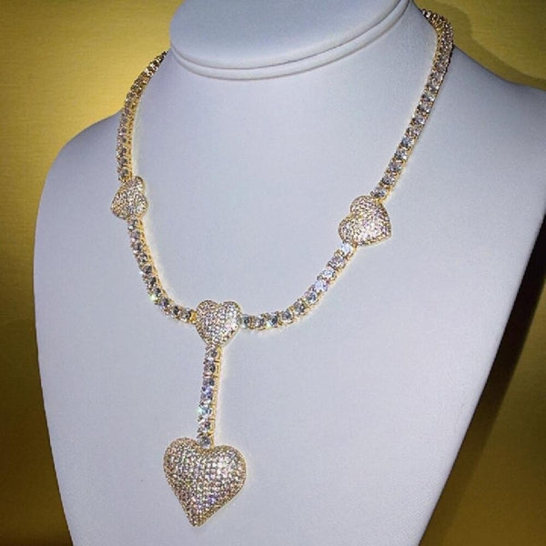 Gold Triple Heart Tennis Necklace 5196