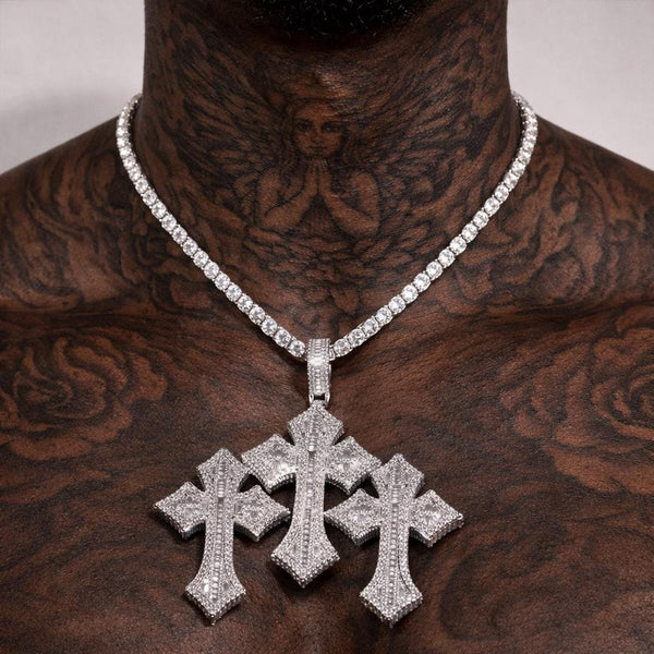 Iced Out Triple Cross Pendant Tennis Necklace, Silver Baguette Diamond Chain