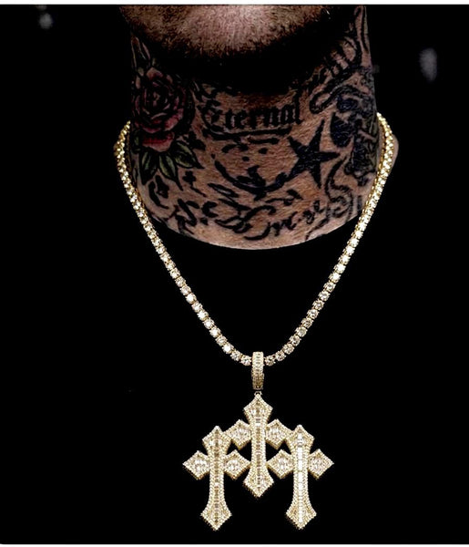 Iced Out Triple Cross Pendant Tennis Necklace, Silver Baguette Diamond Chain