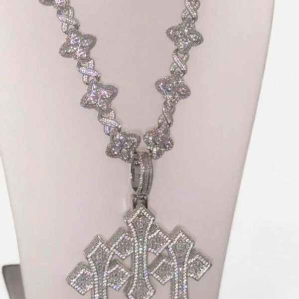 Iced Out Clover Link Triple Cross Pendant Necklace – 20”