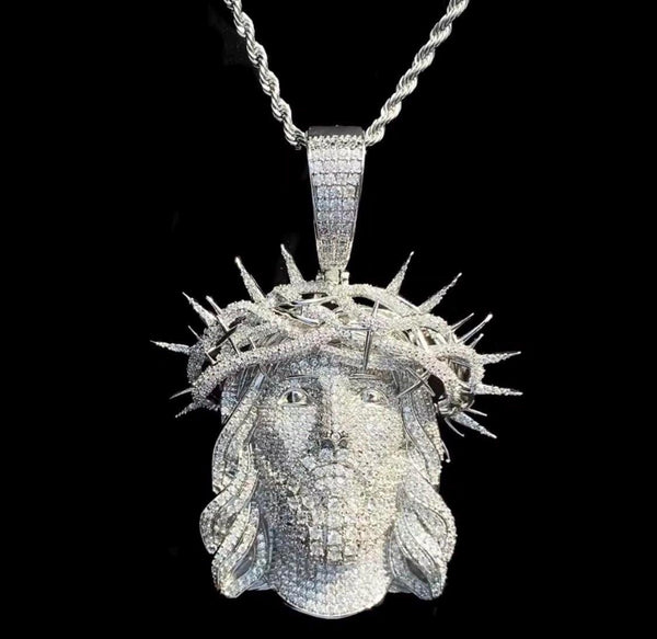 Iced Out Jesus Piece Pendant, Crown of Thorns Chain, Gold Silver Rose Gold