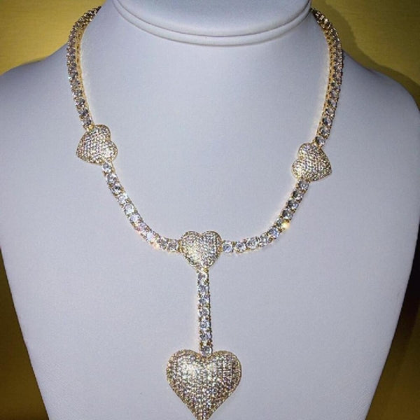 Gold Triple Heart Tennis Necklace 5196