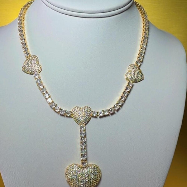 Gold Triple Heart Tennis Necklace 5196