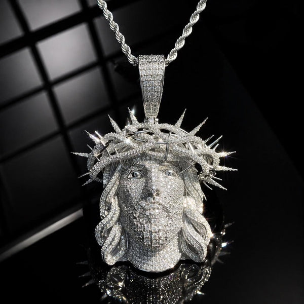 Iced Out Jesus Piece Pendant, Crown of Thorns Chain, Gold Silver Rose Gold