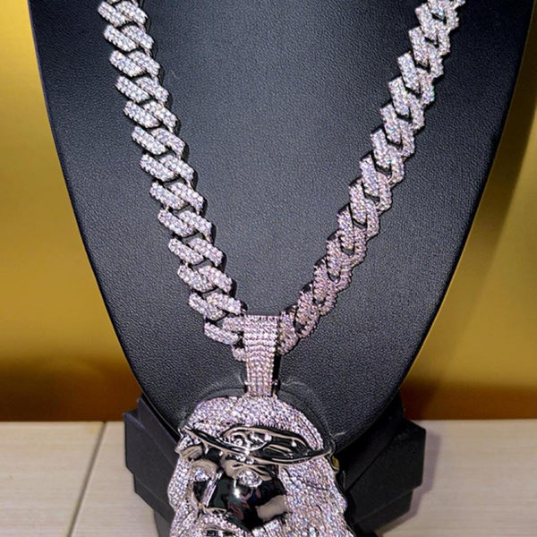13mm Iced Out Cuban Link Chain 22” with Silver Jesus Face Pendant |