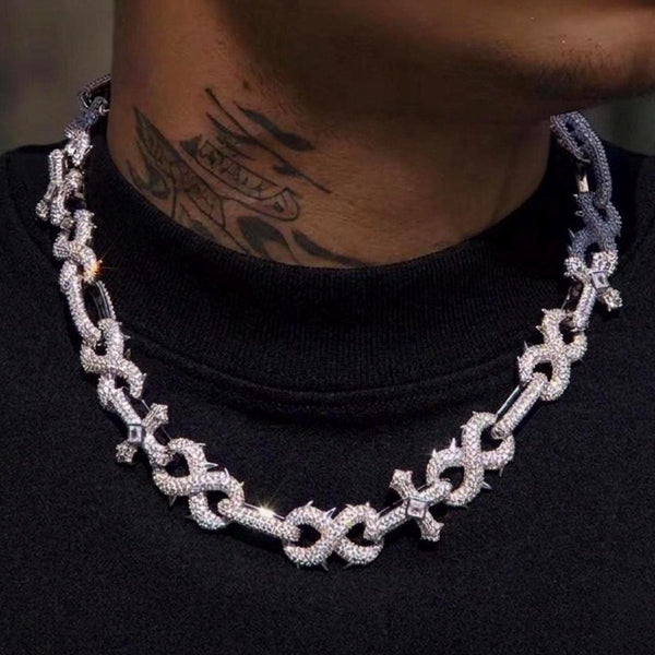Silver Cross Cuban Link Chain Necklace, Iced Out Lock Clasp 20inch