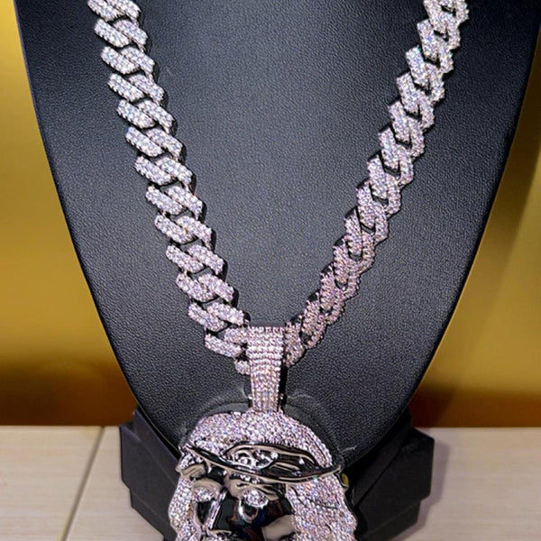 13mm Iced Out Cuban Link Chain 22” with Silver Jesus Face Pendant |