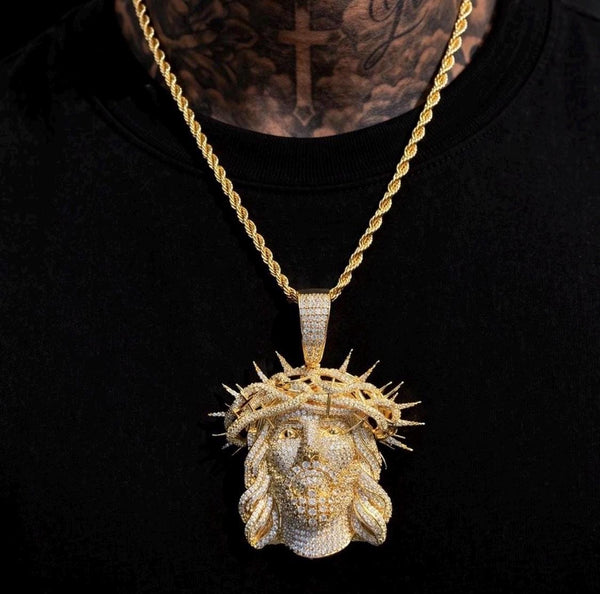 Iced Out Jesus Piece Pendant, Crown of Thorns Chain, Gold Silver Rose Gold