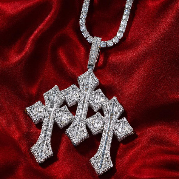 Iced Out Triple Cross Pendant Tennis Necklace, Silver Baguette Diamond Chain