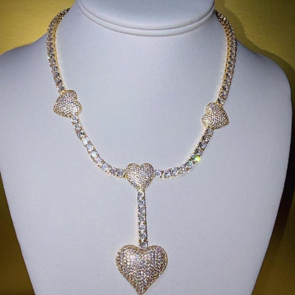 Gold Triple Heart Tennis Necklace 5196