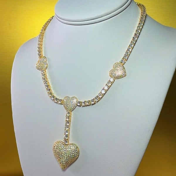 Gold Triple Heart Tennis Necklace 5196