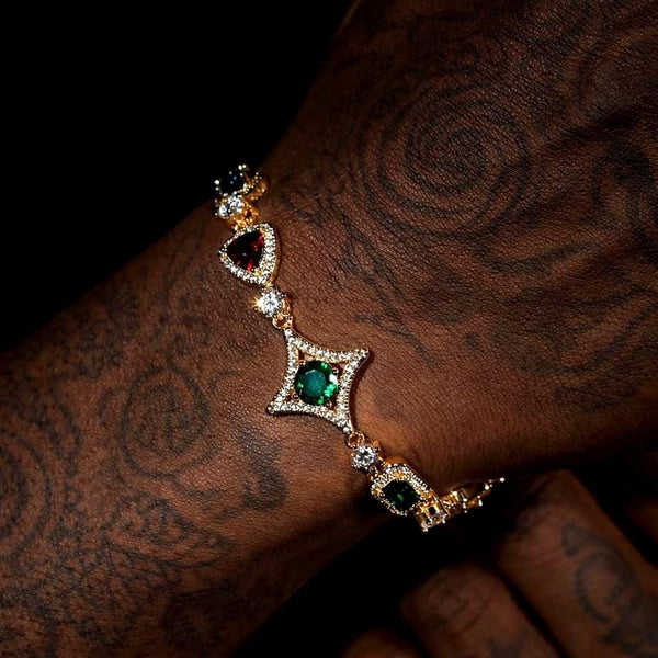 Men's Multicolor Gemstone Tennis Bracelet, Gold Luxury Hip Hop Jewelry