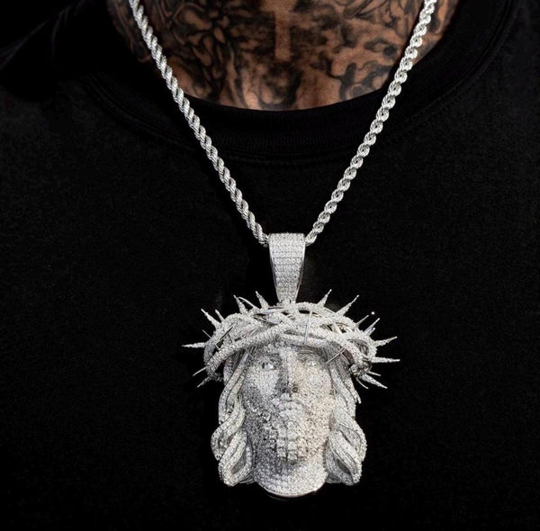 Iced Out Jesus Piece Pendant, Crown of Thorns Chain, Gold Silver Rose Gold