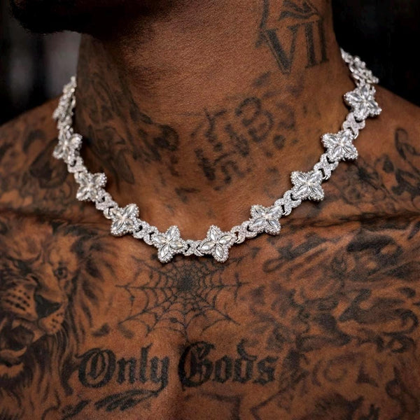 Iced Out Floral Clover Necklace, Black White CZ Infinity Leaf Chain, Hip Hop Jewelry