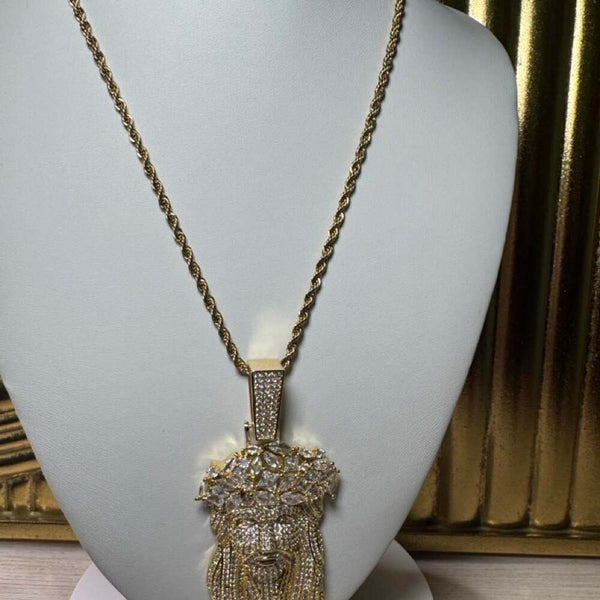 Iced Out Jesus Pendant with Thorn Crown | Silver or Gold | 18”, 20” &amp; 24” Rope Chain |