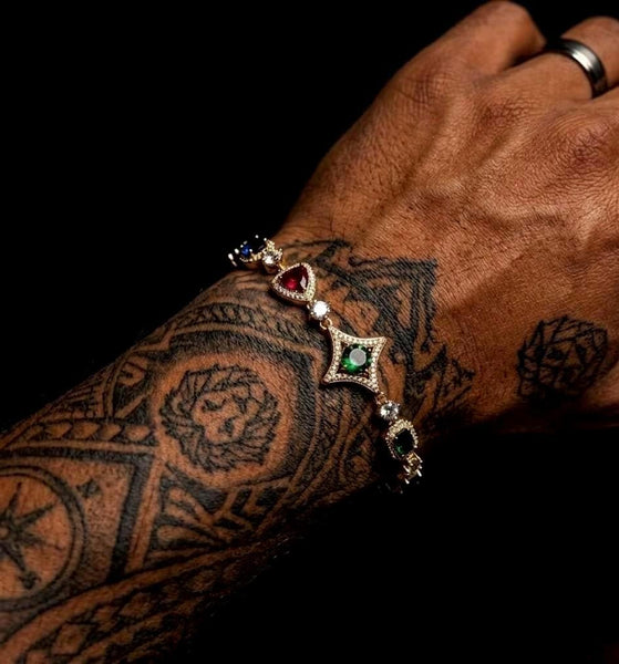 Men's Multicolor Gemstone Tennis Bracelet, Gold Luxury Hip Hop Jewelry