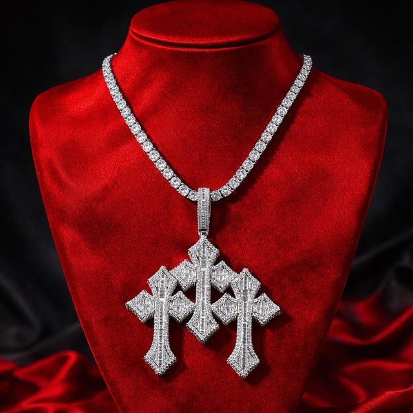 Iced Out Triple Cross Necklace, Silver Tennis Chain, Baguette Diamond Look Pendant