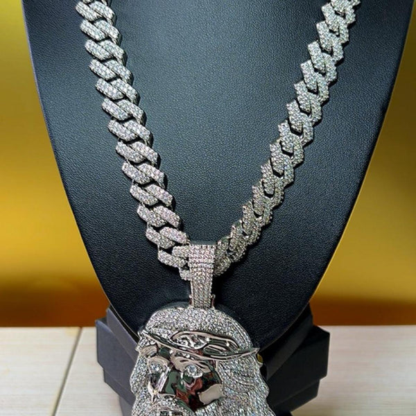 13mm Iced Out Cuban Link Chain 22” with Silver Jesus Face Pendant |