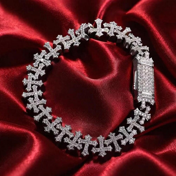 Icy Cross Bracelet, CZ Embellished, 8 Inch Men's Jewelry