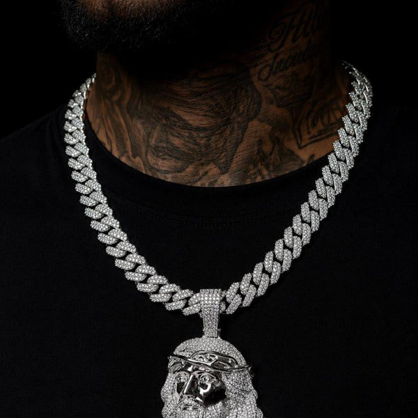 13mm Iced Out Cuban Link Chain 22” with Silver Jesus Face Pendant |