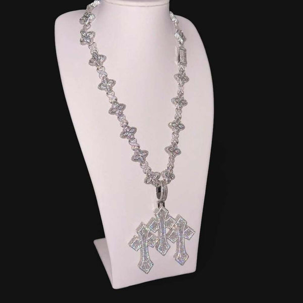 Iced Out Clover Link Triple Cross Pendant Necklace – 20”