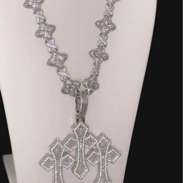 Iced Out Clover Link Triple Cross Pendant Necklace – 20”