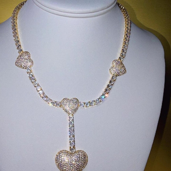 Gold Triple Heart Tennis Necklace 5196