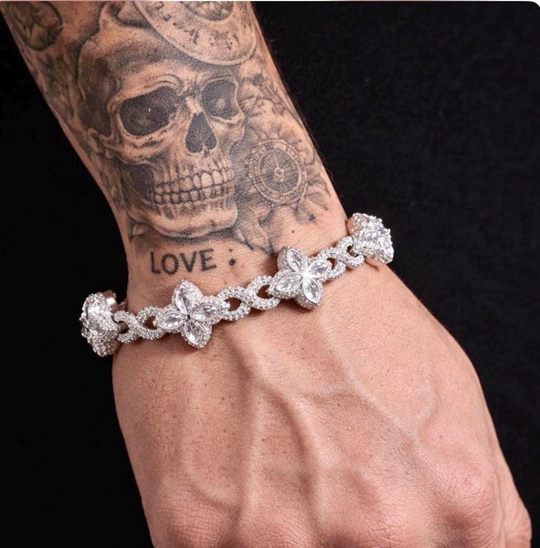 Iced Out Clover Bracelet, Silver Flower Link Chain, Baguette Stone Jewelry