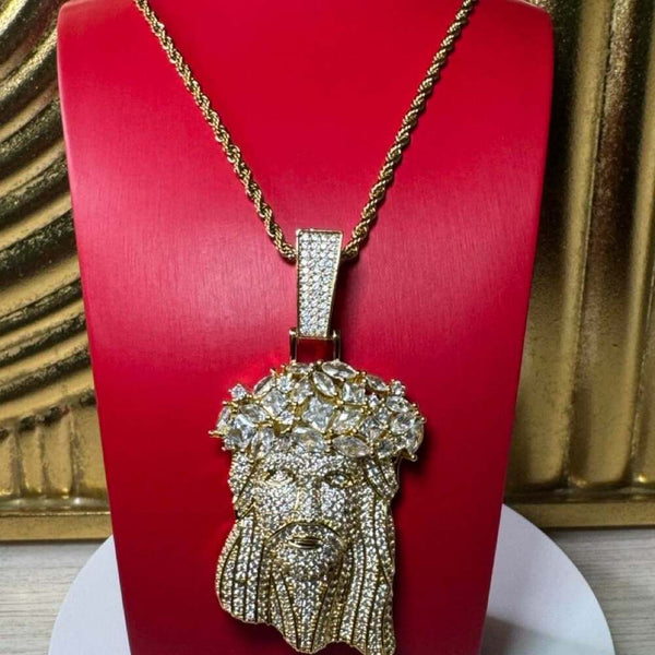 Iced Out Jesus Pendant with Thorn Crown | Silver or Gold | 18”, 20” &amp; 24” Rope Chain |