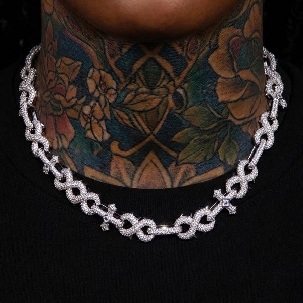 Silver Cross Cuban Link Chain Necklace, Iced Out Lock Clasp 20inch