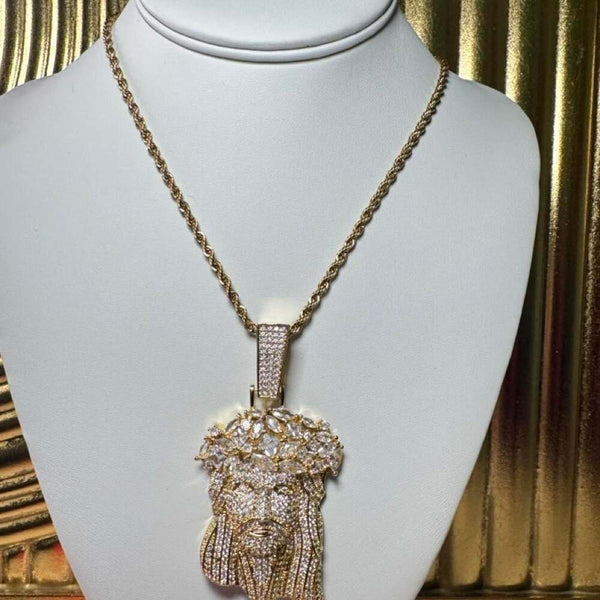 Iced Out Jesus Pendant with Thorn Crown | Silver or Gold | 18”, 20” &amp; 24” Rope Chain |