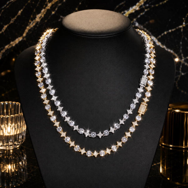 Star Tennis Necklace – Round Stone Chain | Silver or Gold | 20 Inch