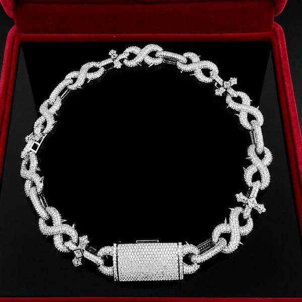 Silver Cross Cuban Link Chain Necklace, Iced Out Lock Clasp 20inch