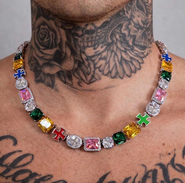 Multi Color Gemstone Cross Necklace, Iced Out Tennis Chain, Religious Streetwear Pendant
