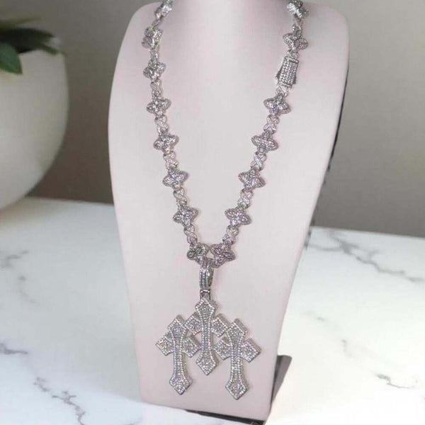 Iced Out Clover Link Triple Cross Pendant Necklace – 20”